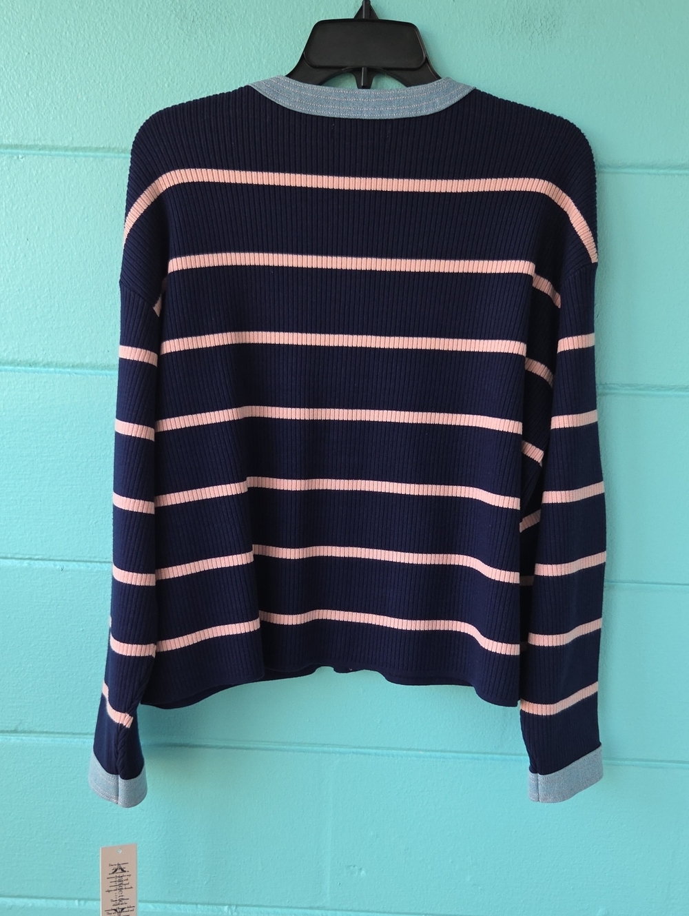 NWT " Nanette Lepore" Denim Trim Stripe Ribbed Cardigan Woman's Size Large - Picture 4 of 9